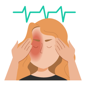 Une femme avec un mal de tête et un électrocardiogramme en arrière plan